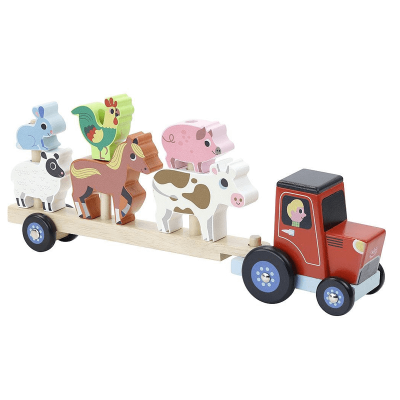Tractor de madera con animales de la granja que se ensertan en los palos del remolque de Vilac