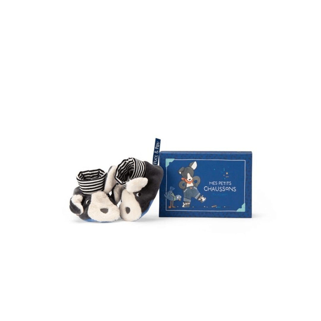 Patucos perro azul Puce y Pilou Moulin Roty