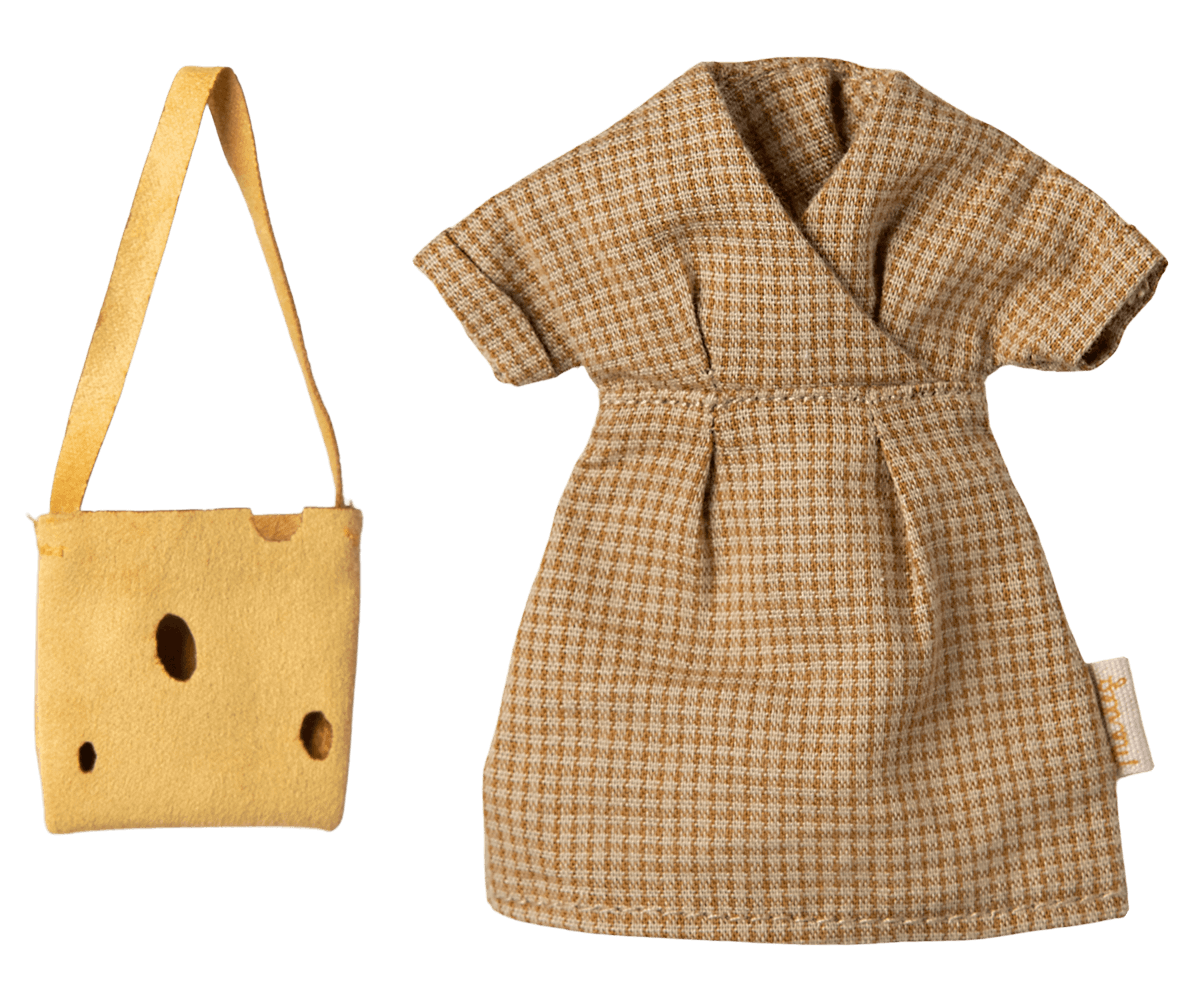 Vestido cuadros y bolso queso Mamá Ratona Maileg